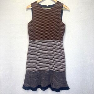 Ann Taylor Sleeveless Ruffle‎ Hem Dress Womens 4 Blue Brown Patterned Colorblock